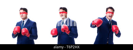 Lawyer with blindfold wearing boxing gloves isolated on white Stock Photo