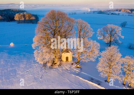 Maria-Dank-Kapelle on Furst-Tegernberg in the morning light in winter, Degerndorf near Munsing, drone shot, Funfseenland, Upper Bavaria, Bavaria Stock Photo