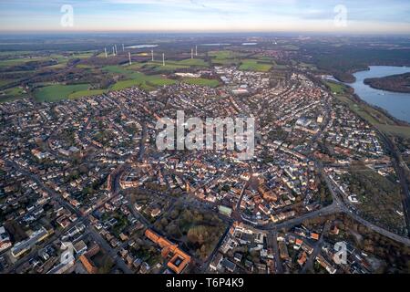 Aerial view, Halterner reservoir, wind power plants, old town, Haltern am See, North Rhine-Westphalia, Germany Stock Photo