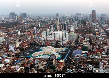 Panoramic view from Vattanac Capital Tower, City view, Central Market Phsar Thmei, Skyline, Tonle Sap River, Phnom Penh, Cambodia Stock Photo