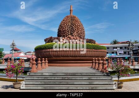 Durian Monument, roundabout with huge statue of a Durian fruit, Kampot, Cambodia Stock Photo