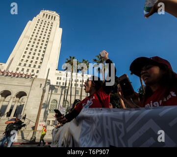 Los Angeles, USA. 1st May, 2019. People attend an annual march for International Labor Day in Los Angeles, the United States, on May 1, 2019. Credit: Zhao Hanrong/Xinhua/Alamy Live News Stock Photo