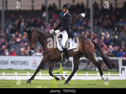 Badminton Estate, Badminton, UK. 2nd May, 2019. Mitsubishi Motors Badminton Horse Trials, day 2; Jesse Campbell (NZL) riding CLEVELAND during the dressage test on day 2 of the 2019 Badminton Horse Trials Credit: Action Plus Sports/Alamy Live News Stock Photo