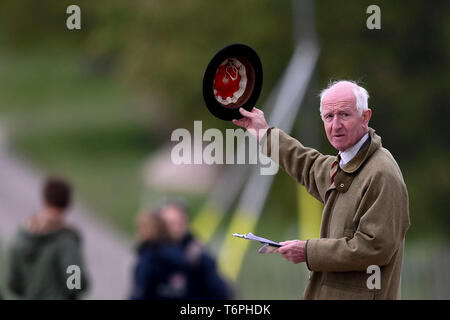 Badminton Estate, Badminton, UK. 2nd May, 2019. Mitsubishi Motors Badminton Horse Trials, day 2; a marshall summons the next rider for their dressage test on day 2 of the 2019 Badminton Horse Trials Credit: Action Plus Sports/Alamy Live News Stock Photo