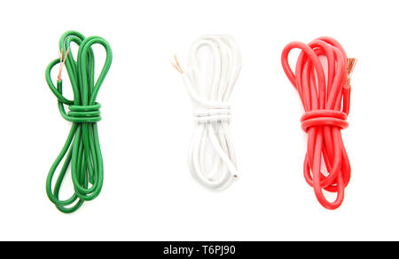 Different wires on white background, top view. Electrical repair Stock Photo