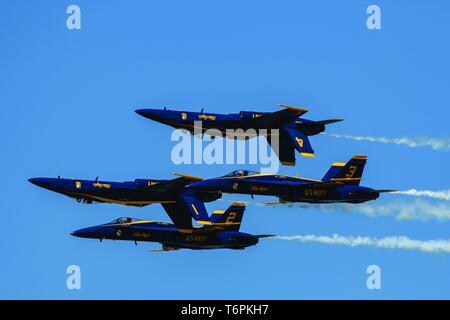 The Blue Angels perform during the Wings Over South Texas Airshow at NAS Corpus Christi, Texas, April 13-14, 2019. Stock Photo