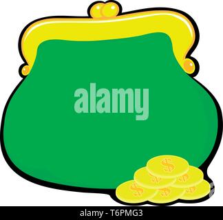 Flat drawing of a green wallet. Gold coins, cents. Isolated, white. Vector Stock Vector