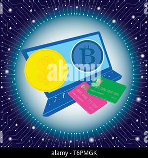 The dollar and the concept of bitcoin. Laptop and digital money mining . Credit card. The dollar-cent coin. Blue, chip, Internet. Vector Stock Vector
