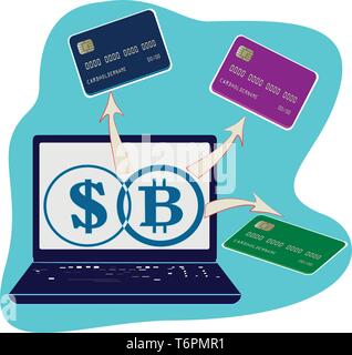 Flat drawing of the concept of earning money on the Internet. Income on the computer online. Withdraw money to cards. Change bitcoin .Vector Stock Vector
