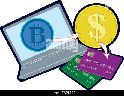 Flat drawing of the concept of earning money on the Internet. Income on the computer online. Withdraw money to cards. Change bitcoin .Vector Stock Vector