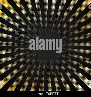 Abstract retro shiny starburst black background with gold dots pattern texture halftone style. Vintage rays backdrop, boom, comic. Cartoon pop art tem Stock Vector