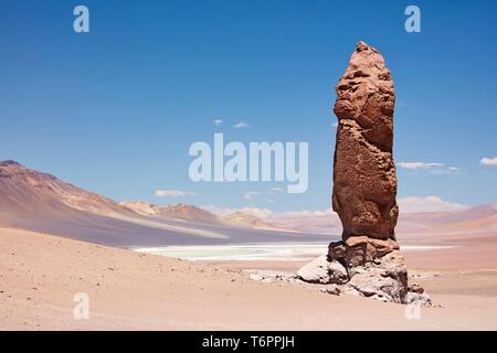 Monolithic rocks in the northeast and salt lake in the background Monjes de la Pacana Caldera Stock Photo