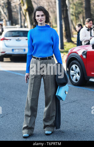 Milan, Italy - February 22, 2019: Street style – Model Giedre Dukauskaite before a fashion show during Milan Fashion Week - MFWFW19 Stock Photo
