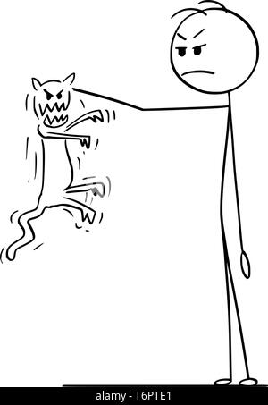 Cartoon stick figure drawing conceptual illustration of man holding in hand angry and aggressive cat trying to bite and scratch him. Stock Vector