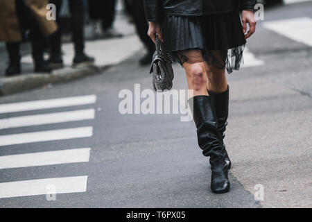 Milan, Italy - February 23, 2019: Street style – Influencer Mary Leest outfit detail after a fashion show during Milan Fashion Week - MFWFW19 Stock Photo