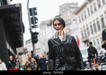 Milan, Italy - February 23, 2019: Street style – Influencer Mary Leest after a fashion show during Milan Fashion Week - MFWFW19 Stock Photo