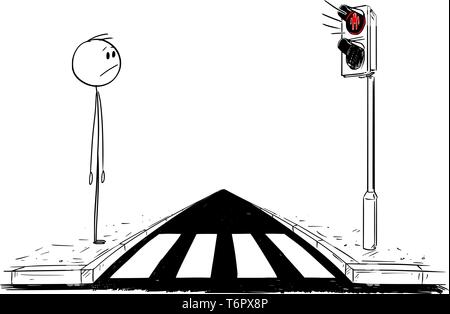 Cartoon stick figure drawing conceptual illustration of man waiting on crosswalk or pedestrian crossing for green light on stoplights.Red light is on. Stock Vector