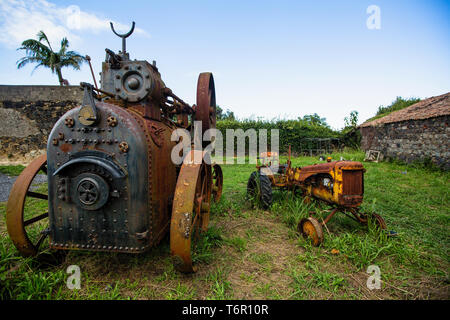 Vintage machine is in the village on San Miguel island, Azores archipelago, Portugal. Steampunk. Stock Photo