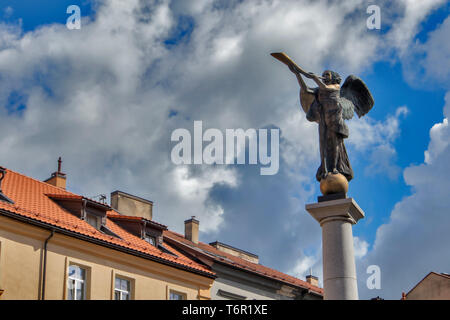 VILNIUS, LITHUANIA - April 19, 2019: Sculpture of Angel blowing a trumpet has been established by the sculptor of Romas Vilciauskas on April 1, 2002.  Stock Photo