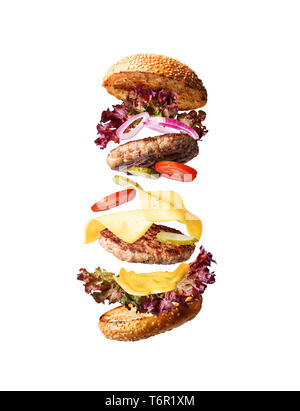 juicy and fresh classic burger with ingredients on white background Stock Photo