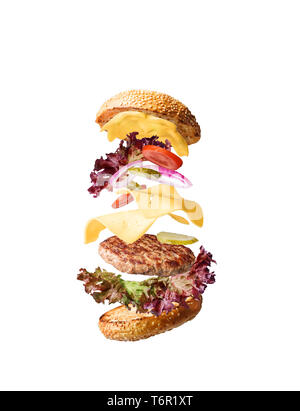 juicy and fresh classic burger with ingredients on white background Stock Photo