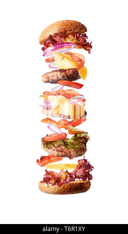 juicy and fresh big classic burger with ingredients on white background Stock Photo