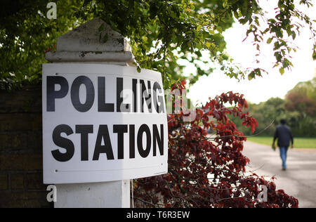 A man arrives at the polling station at Bedford Hall in Thorney, Peterborough, as voters headed to the polls for council and mayoral elections across England and Northern Ireland. Stock Photo