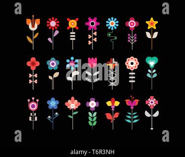 Flower vector icon set isolated on a black background. Can be used as a logo. Stock Vector