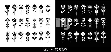 Black and white Flower vector icon set. Can be used as a logo. Large bundle of floral design elements. Stock Vector