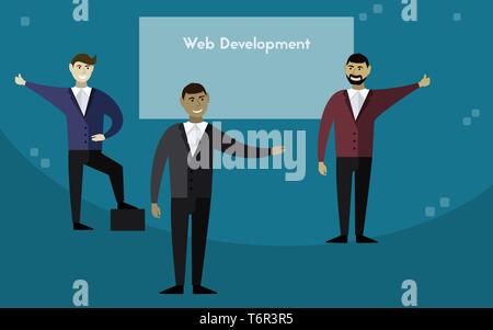 Three men are giving a presentation. Vector illustration. The concept of programming. Web development. Stock Vector