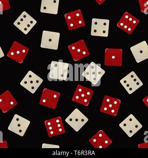 White and white dice. Seamless pattern. Black background. Vector illustration. Casino and gambling. Stock Vector