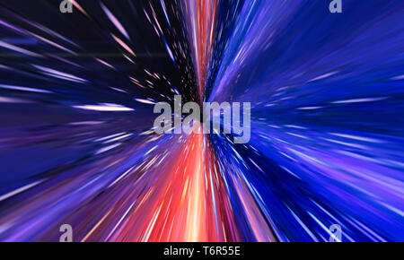 Interstellar, time travel and hyper jump in space. Flying through wormhole tunnel or abstract energy vortex. Singularity, gravitational waves and spac Stock Photo