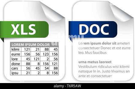 Vector set of icons for office file extensions (text, spreadsheet) Stock Vector