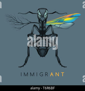 Detailed ANT illustration - immigrANT - pliANT roots - defiANT wings - Vector Concept - Metaphor Stock Photo