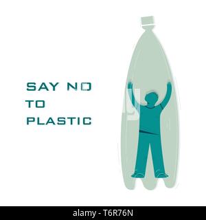 Say no to plastic flat banner vector template. Man locked inside bottle cartoon character. Environment preservation, nature protection illustration with typography. Zero waste policy poster concept Stock Vector