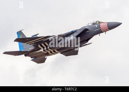 Mcdonald Douglas F-15C Eagle in special heritage colours. Aircraft is from the 492th Tactical Fighter Squadron, 48th FW at RAF Lakenheath, England. Stock Photo