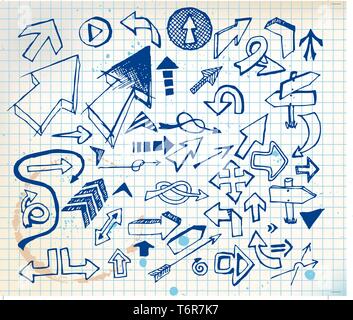 Big set of various doodle arrows on  a squared paper Stock Vector