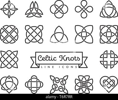 Collection of traditional celtic knots line icons vector illustration. Spirituality, religion and occultism symbols. Stock Vector