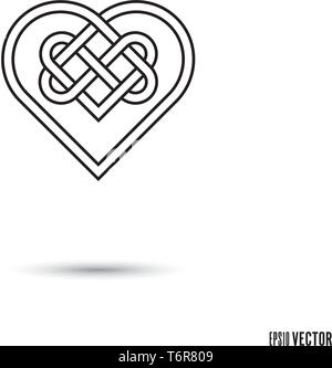 Celtic lovers knot, intertwined heart shaped infinite ribbon outline symbol vector illustration Stock Vector
