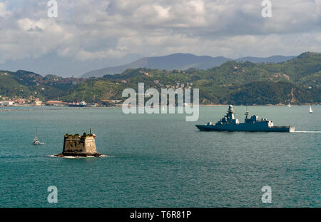 LA SPEZIA, ITALY – APRIL 28, 2019: An Italian Navy warship returns to port in La Spezia, Liguria, Italy. Stock Photo