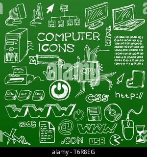 Set of white hand-drawn computer icons on green background Stock Vector