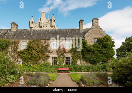 CAWDOR, NAIRN, SCOTLAND, UK - AUGUST 07, 2017: Front of Cawdor Castle with turret and drawbridge with bell and Stags Head Buckel Be Mindfull emblem. T Stock Photo