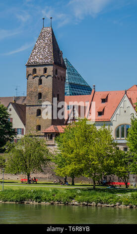 Ulm at the Danube with City wall and Metzgerturm Stock Photo