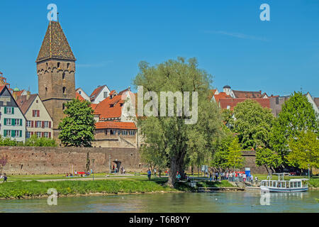 Ulm at the Danube with City wall and Metzgerturm Stock Photo