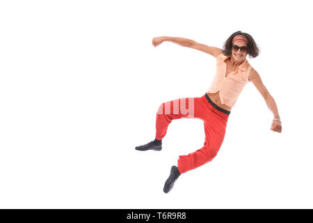 funny looking retro style man dancing on white background Stock Photo