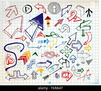 Big set of various colorful doodle arrows on a squared paper Stock Vector
