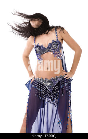 Beautiful belly dancer in blue outfit, isolated Stock Photo