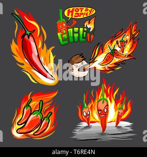 A set of vector drawing chili peppers with flame Stock Vector
