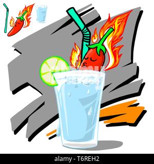 Chili with fire burn in ice water glass as swimming pool Stock Vector