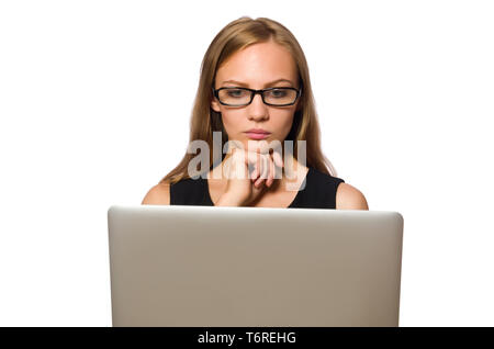 Woman with laptop isolated on white Stock Photo